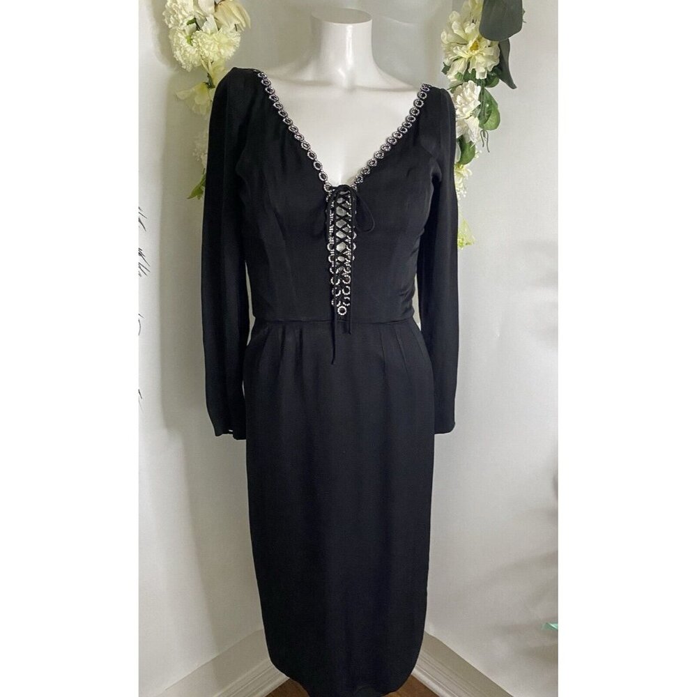 Vintage 1970s Jack Hartley Miami‎ Black Corset Cocktail Midi Rhinestone Dress XS